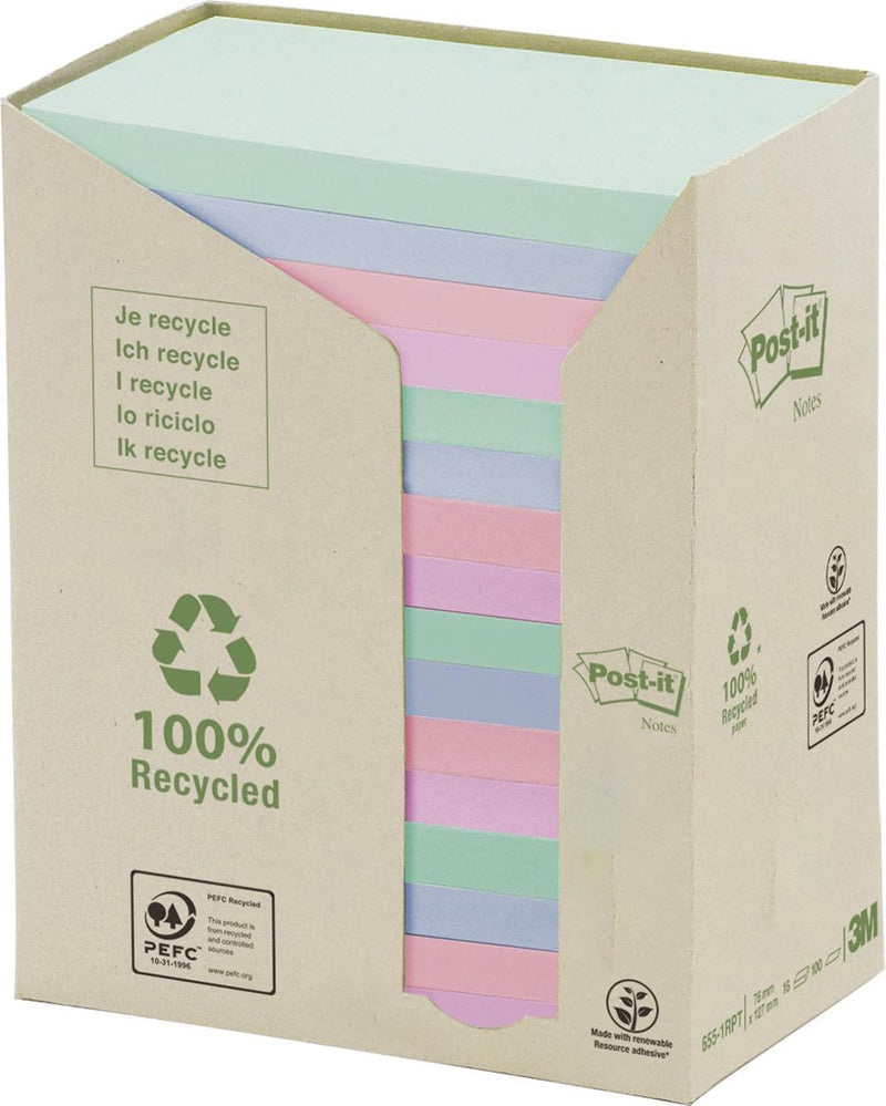 Post-it ® notes, gerecycleerd, toren, regenboog, 76 x 127 mm, 16 blokken, non x-wrapped, 100 blaadjes blok