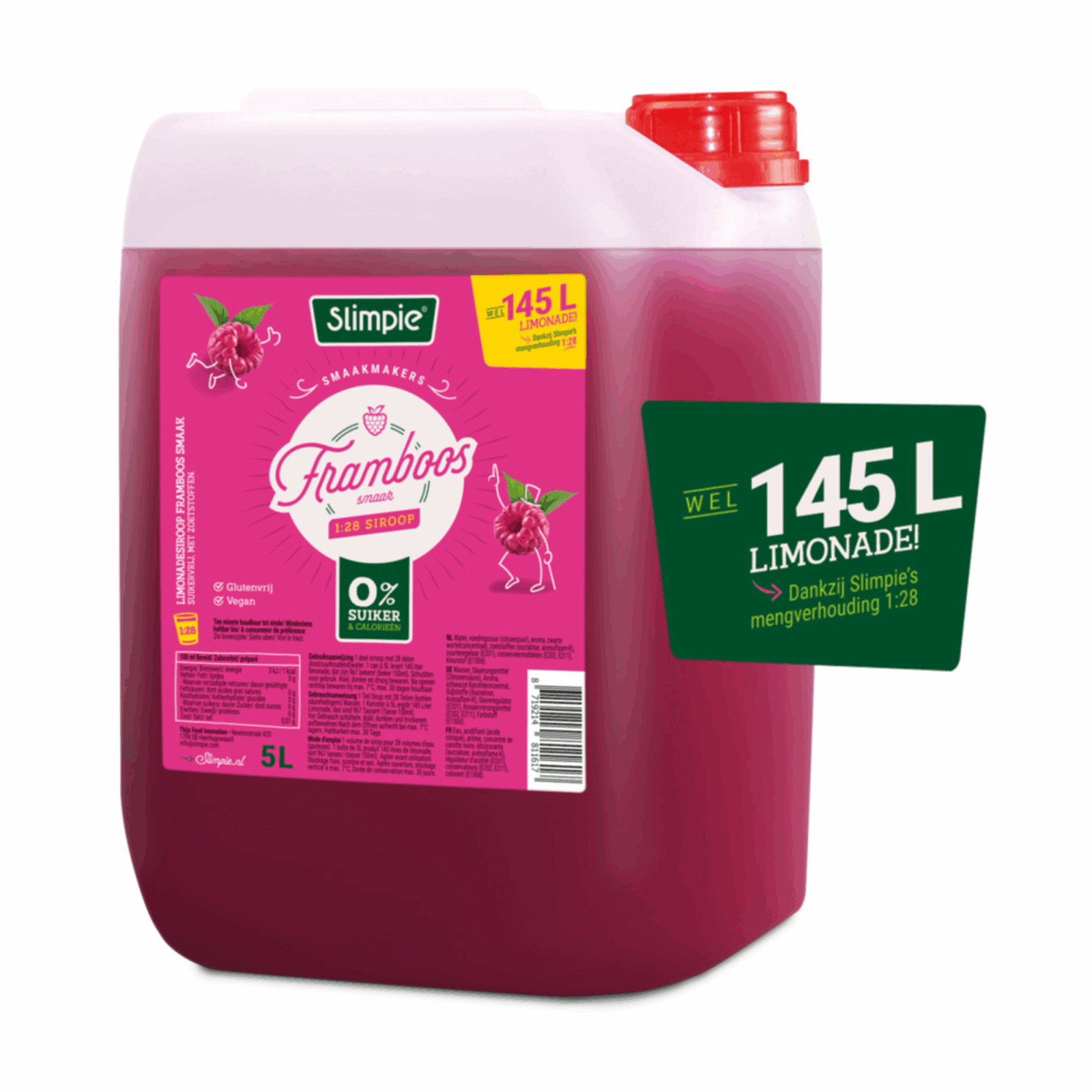 Slimpie limonadesiroop framboos suikervrij 1:28 (5 liter)