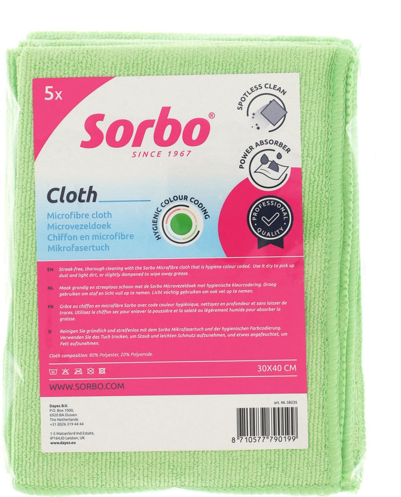 Sorbo professionele microvezeldoeken – groen – 30x40 cm – streeploze vetvrije reiniging – duurzame schoonmaakdoeken – set van 5 stuks