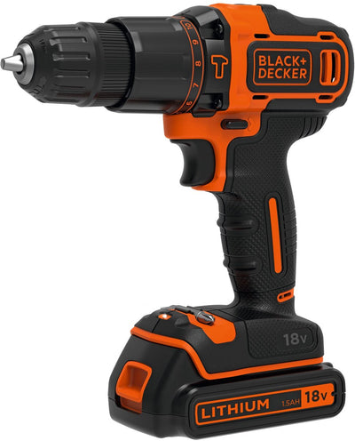 Black+decker 18v lithium ion accu schroef- klopboormachine met 2x 1,5ah accu's, 2 variabele snelheden, koffer - bdchd18kb-qw