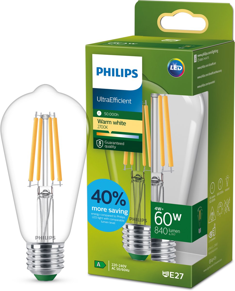 Philips led philips ultra efficient led lamp edison transparant - 60 w - e27 - warmwit licht