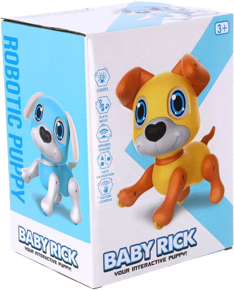 Merkloos overige merken robot puppy rick 20 cm + licht en geluid blauw wit