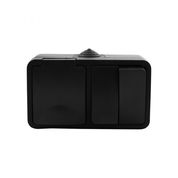 Q-link - wandcontactdoos - opbouw - 1-voudig stopcontact - dubbel serieschakelaar - spatwaterdicht ip54 - randaarde - kinderbeveiliging - mat zwart