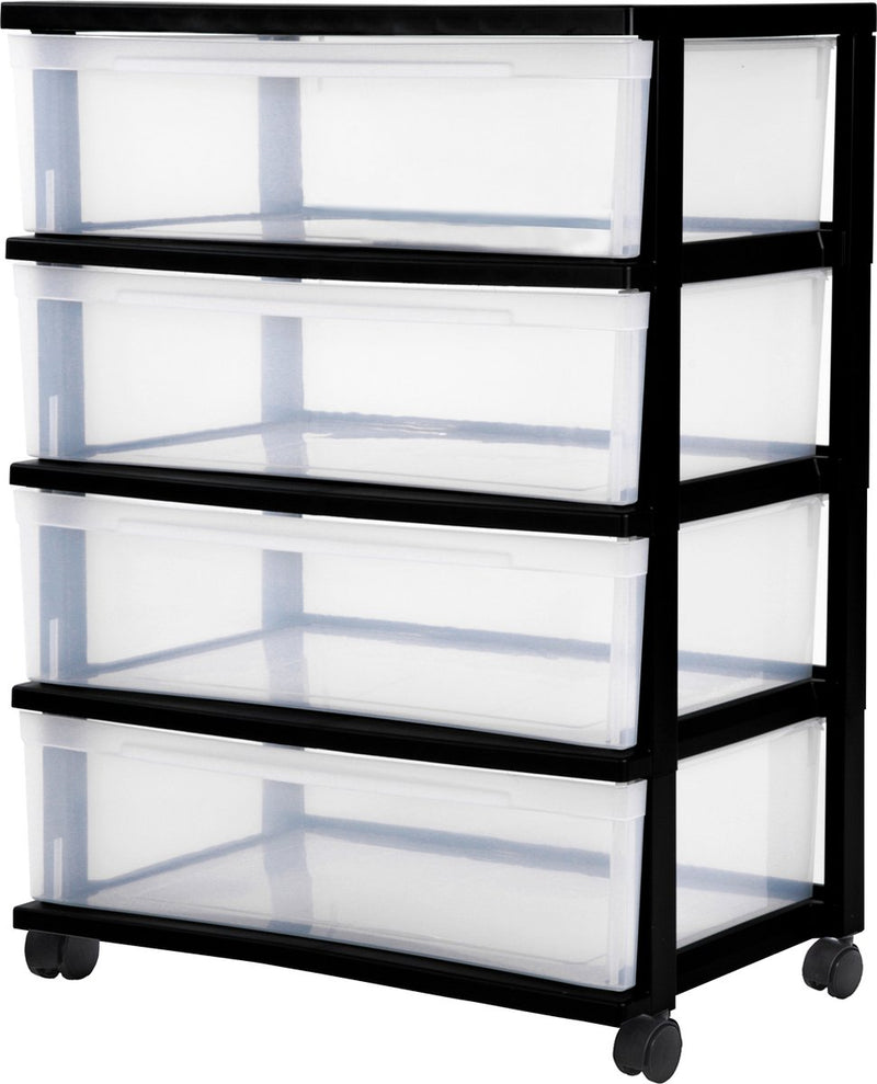Iris new wide chest ladesysteem - 4 lades x 30l - kunststof - zwart transparant - met wielen