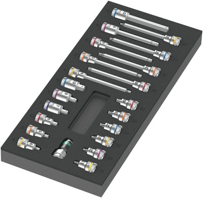 Wera 9723 schuimrubberen inzetstuk met zyklop b 3 8 bitdoppen set 1, 22‑delig gereedschapsset (zwart grijs, in schuiminzet voor werkplaatswagen)