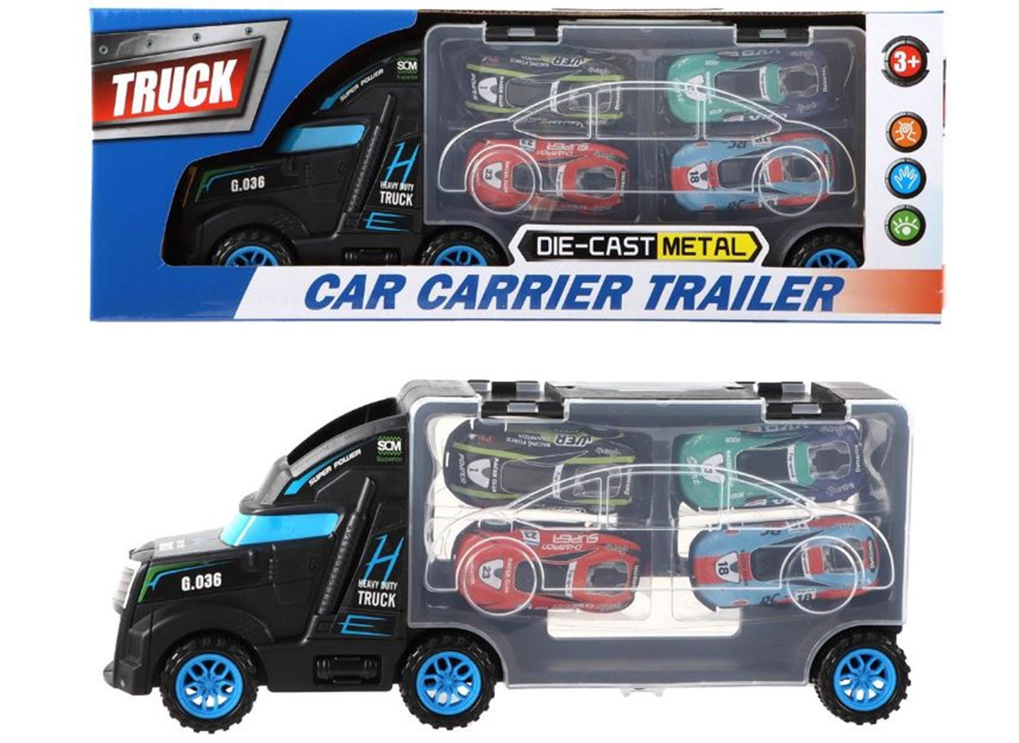 Vrachtwagen 28cm met 4 auto's 33x12x7cm