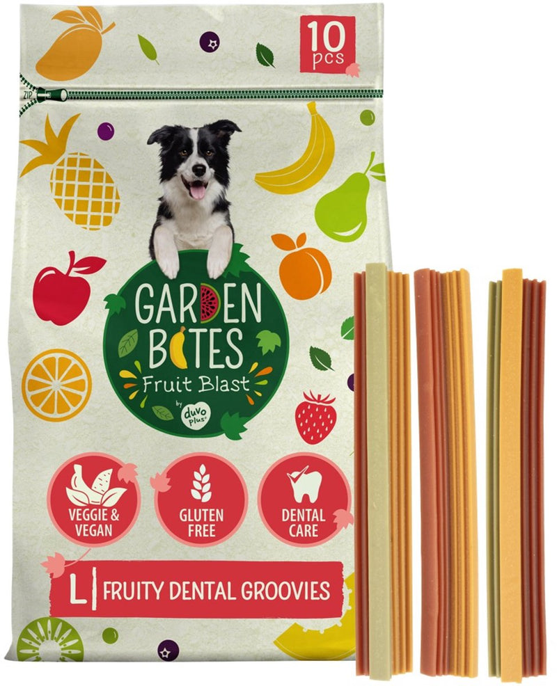 Garden bites duvoplus - fruity dental groovies hondensnacks - hondensnoepjes - vegetarisch glutenvrij - large 10st