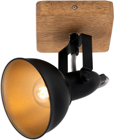 Briloner wood style - wandlamp - spot draaibaar - e14 - materiaal: hout en metaal - kleur: zwart en goud