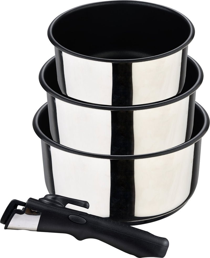 Bergner click cook - 4-delige pannenset - gemaakt van roestvrij staal en met antiaanbaklaag - bevat 3 pannen van 16, 18 en 20 cm + afneembare steel - voor alle soorten kookplaten en ovens - roestvrijstalen pannen