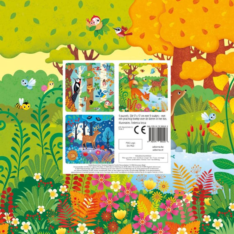 Boek met 3 puzzels, dieren in het bos 3+