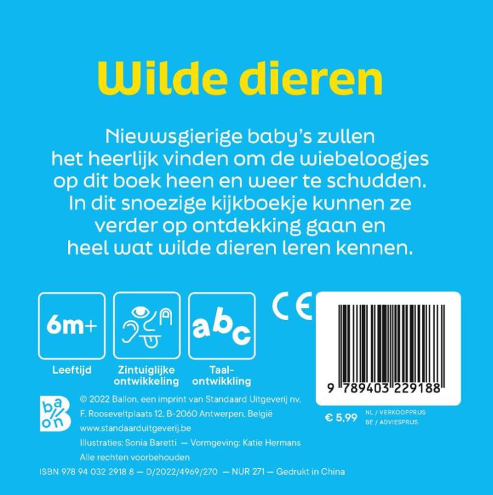 Standaard uitgeverij wilde dieren, boek met wiebeloogjes. 0+