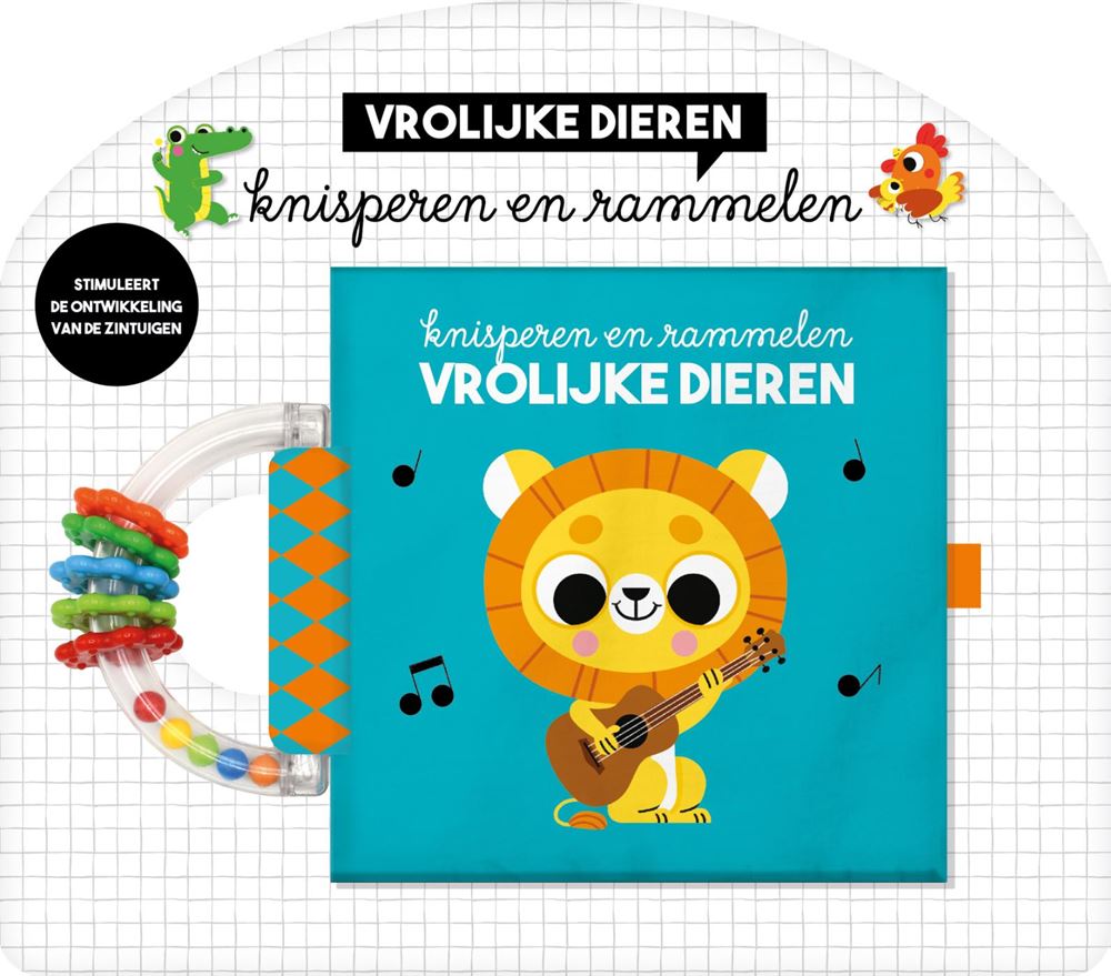 Knisperboek met bijtring. vrolijke diere