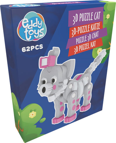Eddy toys 3d puzzel kat - 62 stuks bouwset - puzzel 3d figuur kat - zelf in elkaar te zetten model - grijs met roze details - vanaf 3 jaar