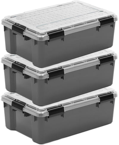 Iris outdoor opbergbox met polycarbonaat deksel - 30l - extra strong - met clips - waterdicht en luchtdicht - grijs transparant zwart - set van 3