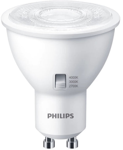 Philips led gu10 4.8w - instelbare lichtkleur cct-switch 2700k 3000k 4000k - 36° - dimbaar | gu10 | extra warm wit-warm wit-koel wit | 4.8 watt | 15.000 branduren