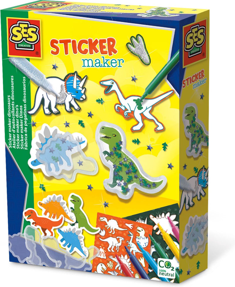 Ses creative ses - sticker maker - dino's - shaker stickers en gewone dino stickers - zelf kleuren - inclusief stiften, pailletten en glitterlijm - knutselen jongens - dinosaurus speelgoed