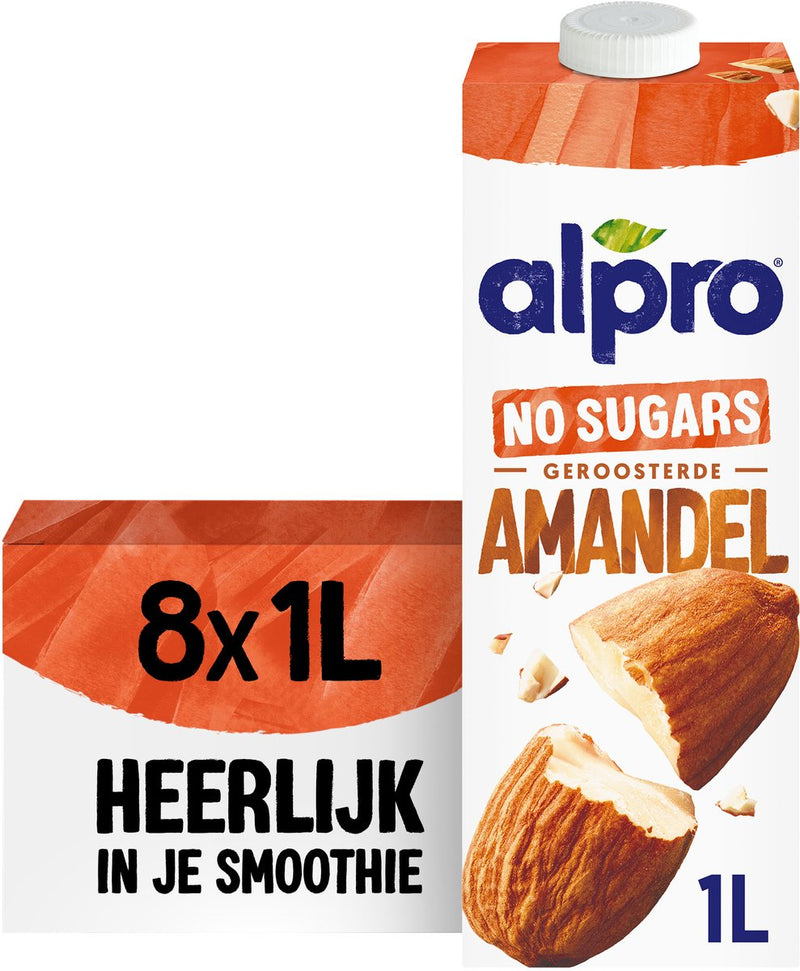Alpro amandeldrink no sugars - ongezoete amandelmelk - plantaardig - geroosterde smaak - 8 x 1l