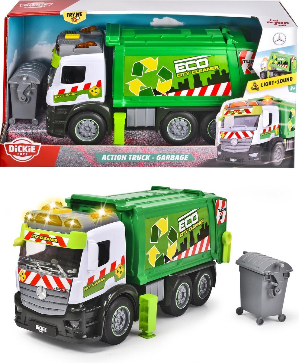 Dickie toys action truck - vuilniswagen - 26 cm - licht en geluid - speelgoedvoertuig