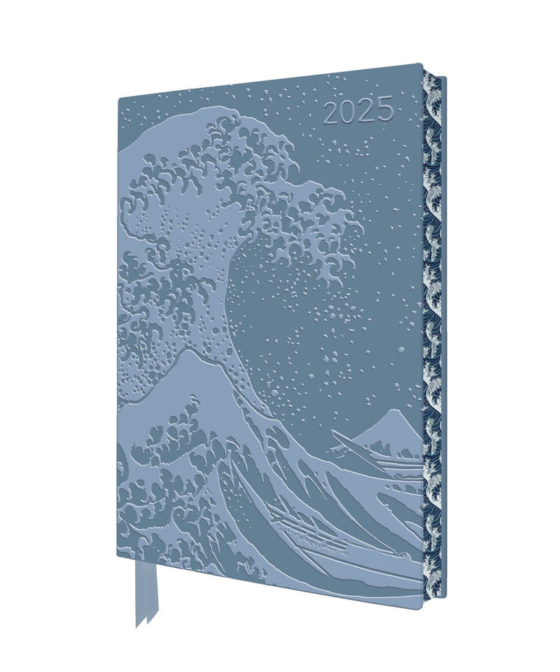 Flame tree katsushika hokusai: the great wave 2025 artisan art vegan leather diary planner - page to view with notes