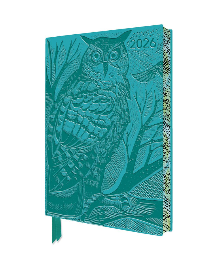 Flame tree angela harding: long eared owl 2026 artisan art vegan leather diary planner - page to view with notes