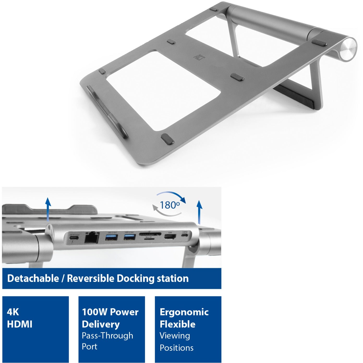 ACT Connectivity Laptopstandaard met afneembaar USB-C docking stati