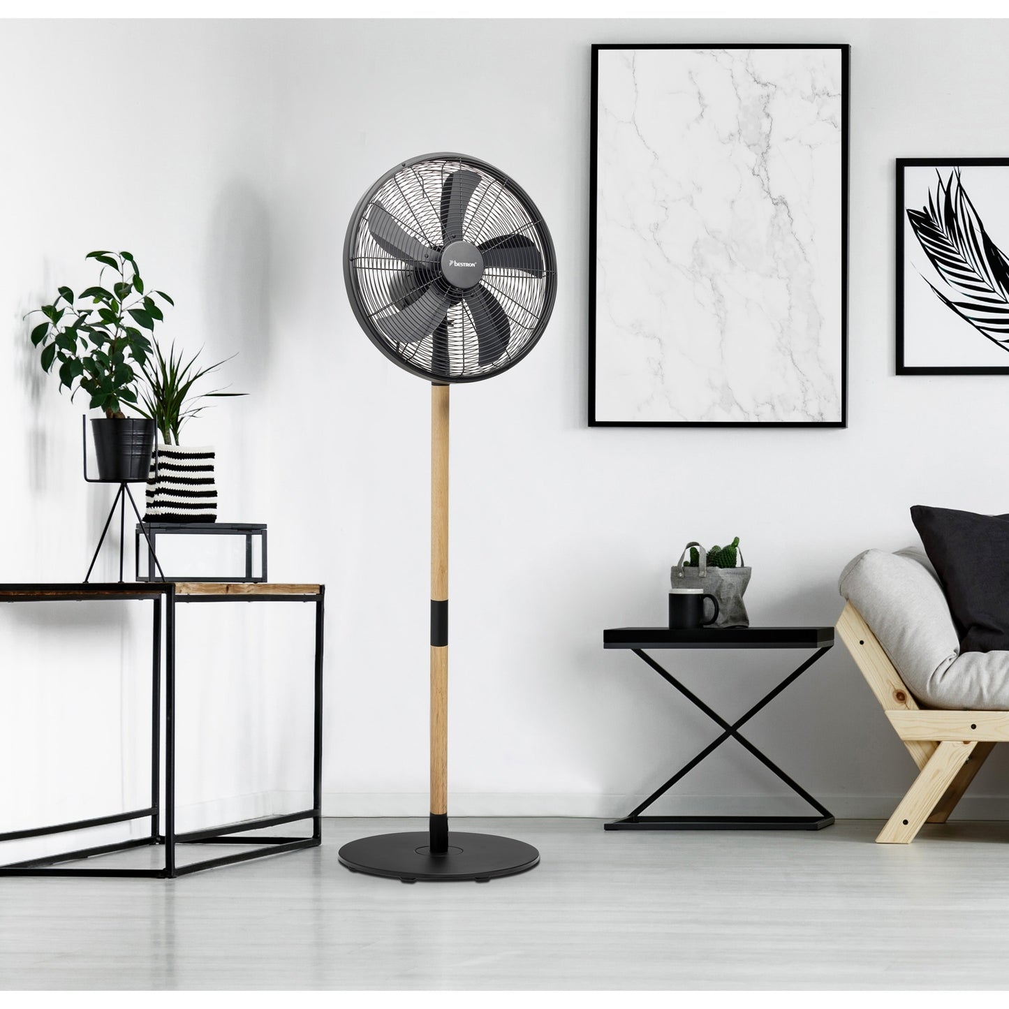Bestron dfs45wb design statiefventilator (zwart houtkleur, ø 45 cm | stijlvol hout desgin)
