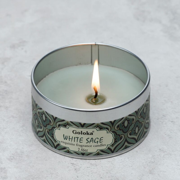 Goloka witte salie paraffine wax geurkaars in blik