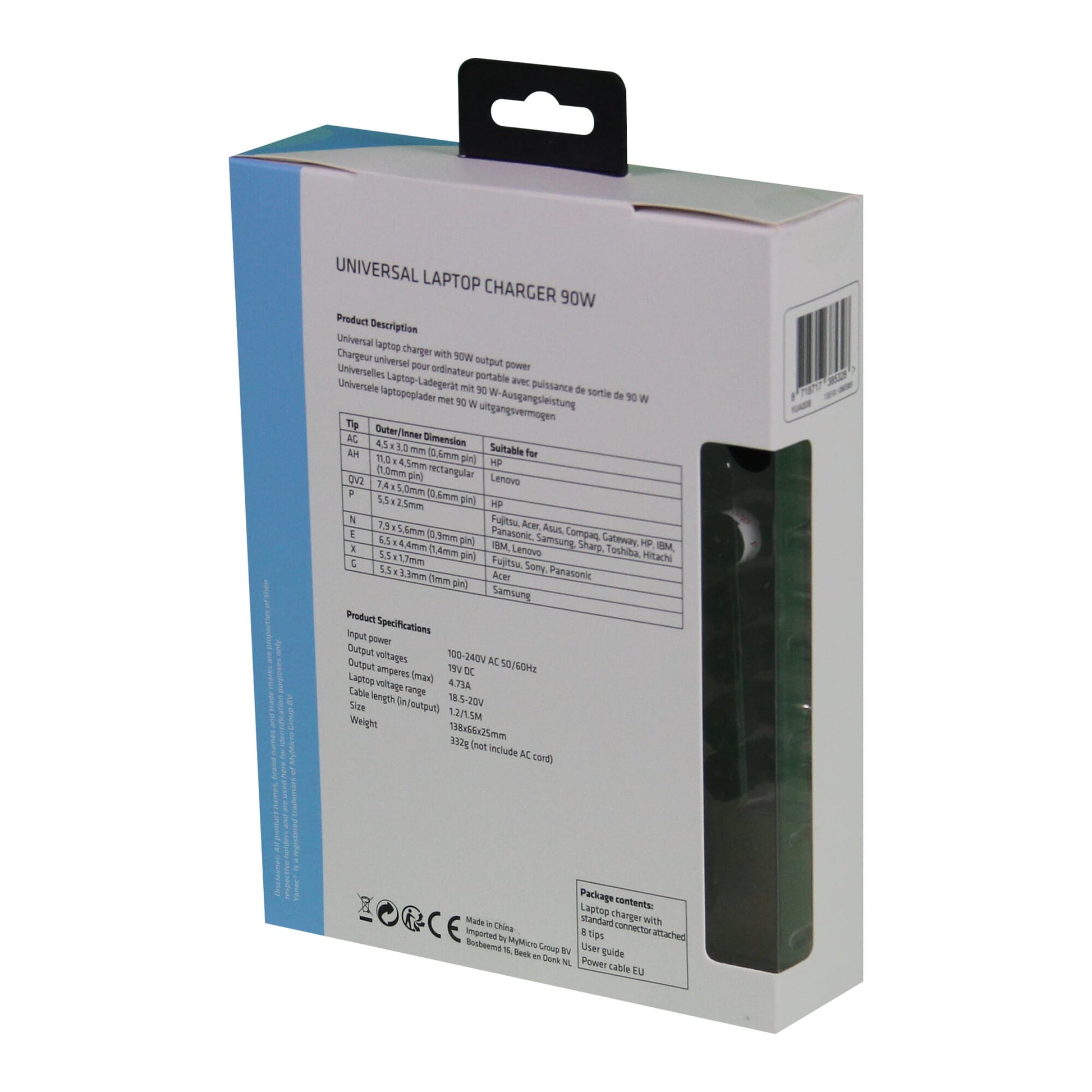 Universeel yanec universele laptop ac adapter 90w met 8 tips - zwart