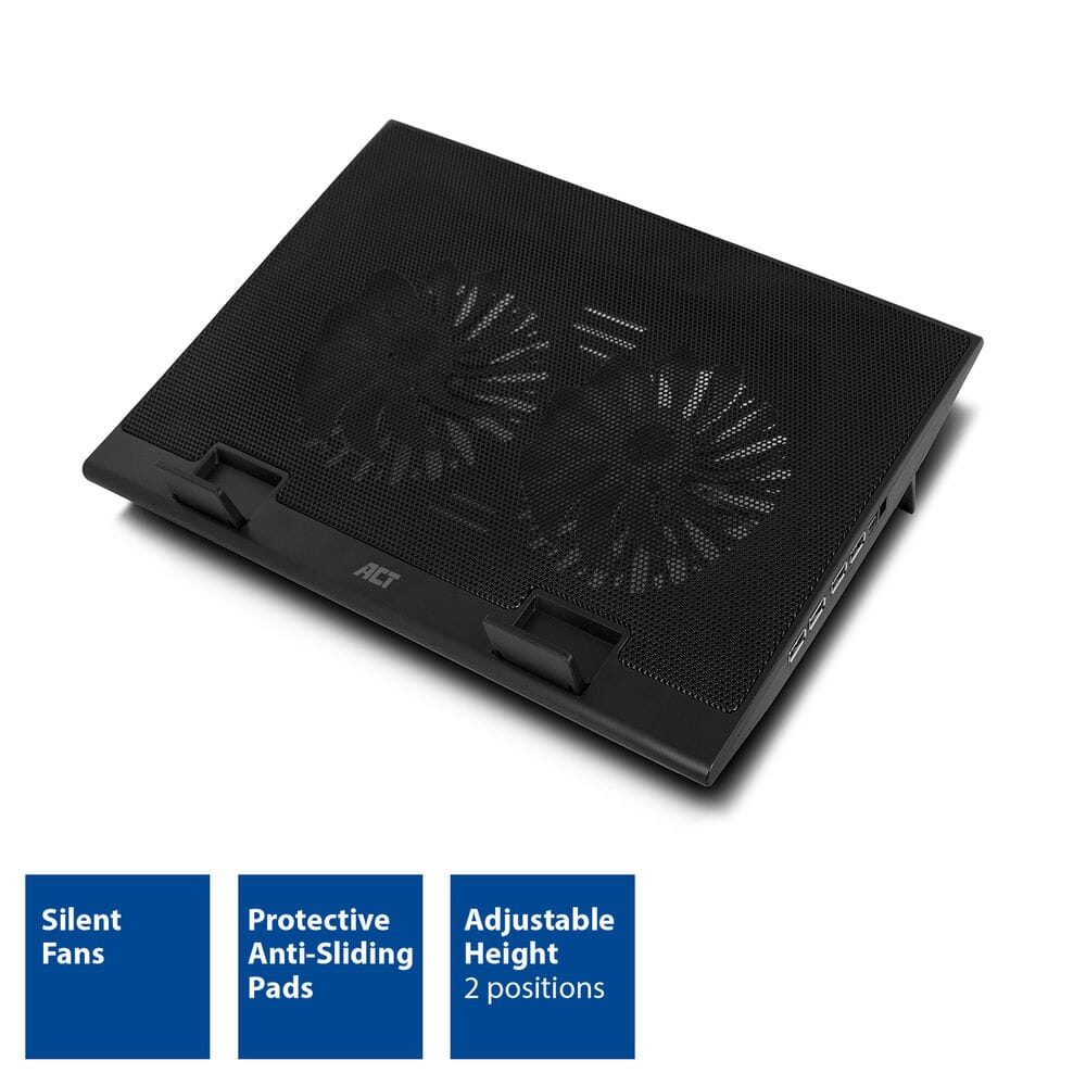 Act connectivity laptopstandaard, met ventilator, hoogte verstelbaar in 2 standen (zwart, 4-poorts usb 2.0 hub)