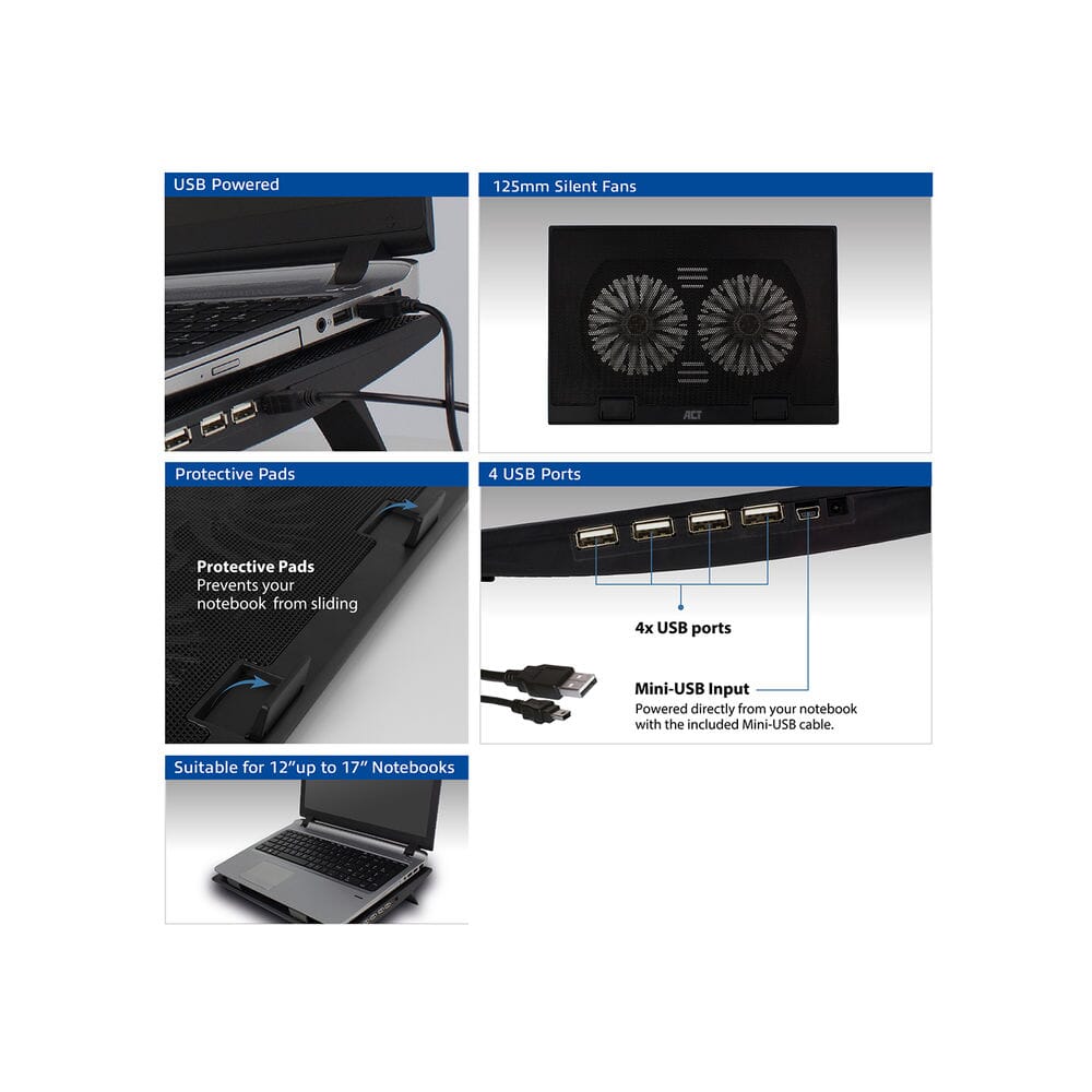 Act connectivity laptopstandaard, met ventilator, hoogte verstelbaar in 2 standen (zwart, 4-poorts usb 2.0 hub)