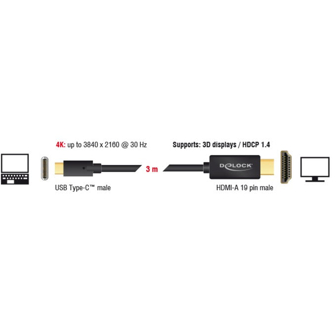 Delock usb-c (male) > hdmi (male) (dp alt mode) kabel (zwart, 3 meter, 4k 30 hz)