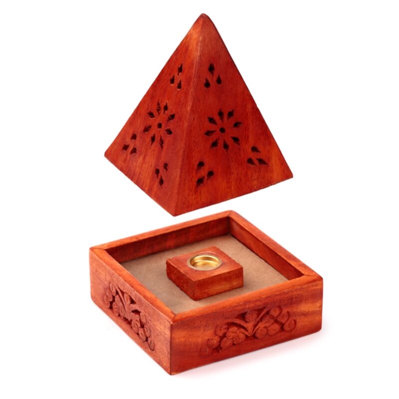 Mango hout piramide wierookhouder kegels bloem lijstwerk