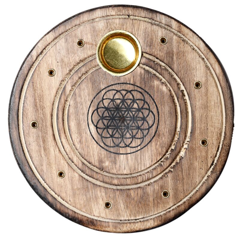 Mango hout ronde flower of life wierookhouder
