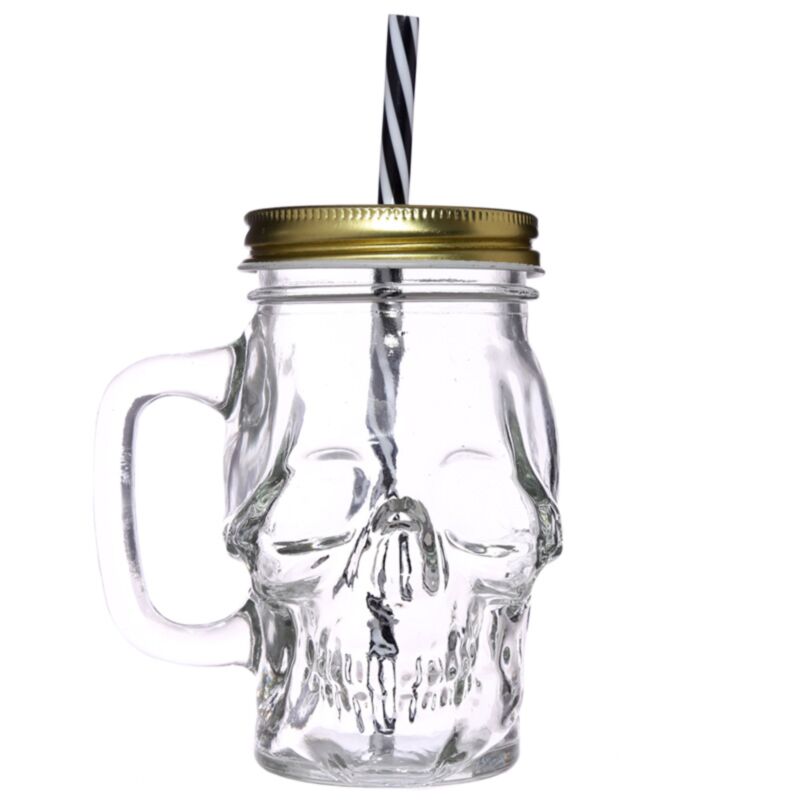 Schedelvormige mason jar glazen drinkbeker met rietje en dekel