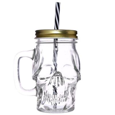 Schedelvormige mason jar glazen drinkbeker met rietje en dekel
