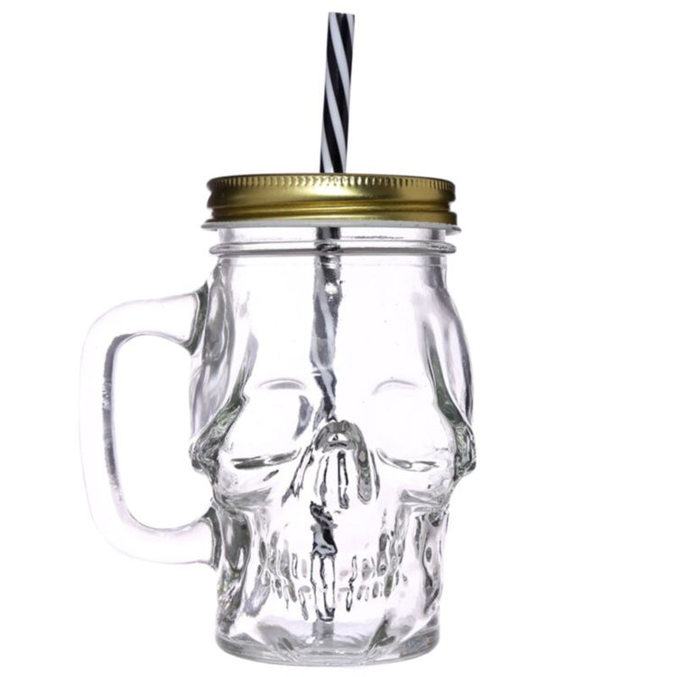 Schedelvormige mason jar glazen drinkbeker met rietje en dekel