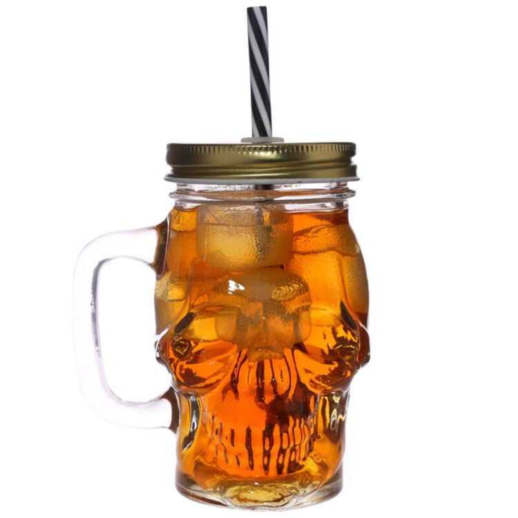 Schedelvormige mason jar glazen drinkbeker met rietje en dekel