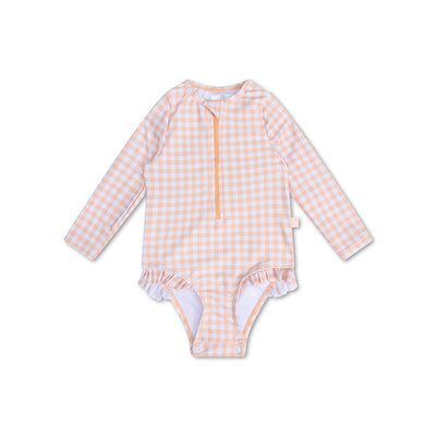 Sunset grid | oranje wit meisjes uv badpak met lange mouwen