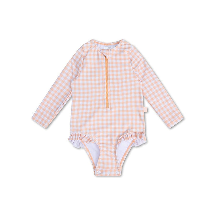 Sunset grid | oranje wit meisjes uv badpak met lange mouwen