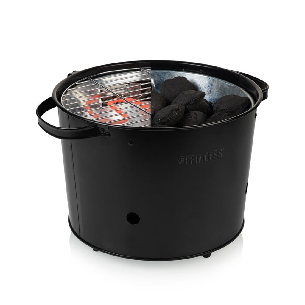 Princess 112240 hybrid bucket barbecue | elektrisch | houtskool (zwart, ø 32 cm | incl. luxe bamboe serveer- en snijplank)