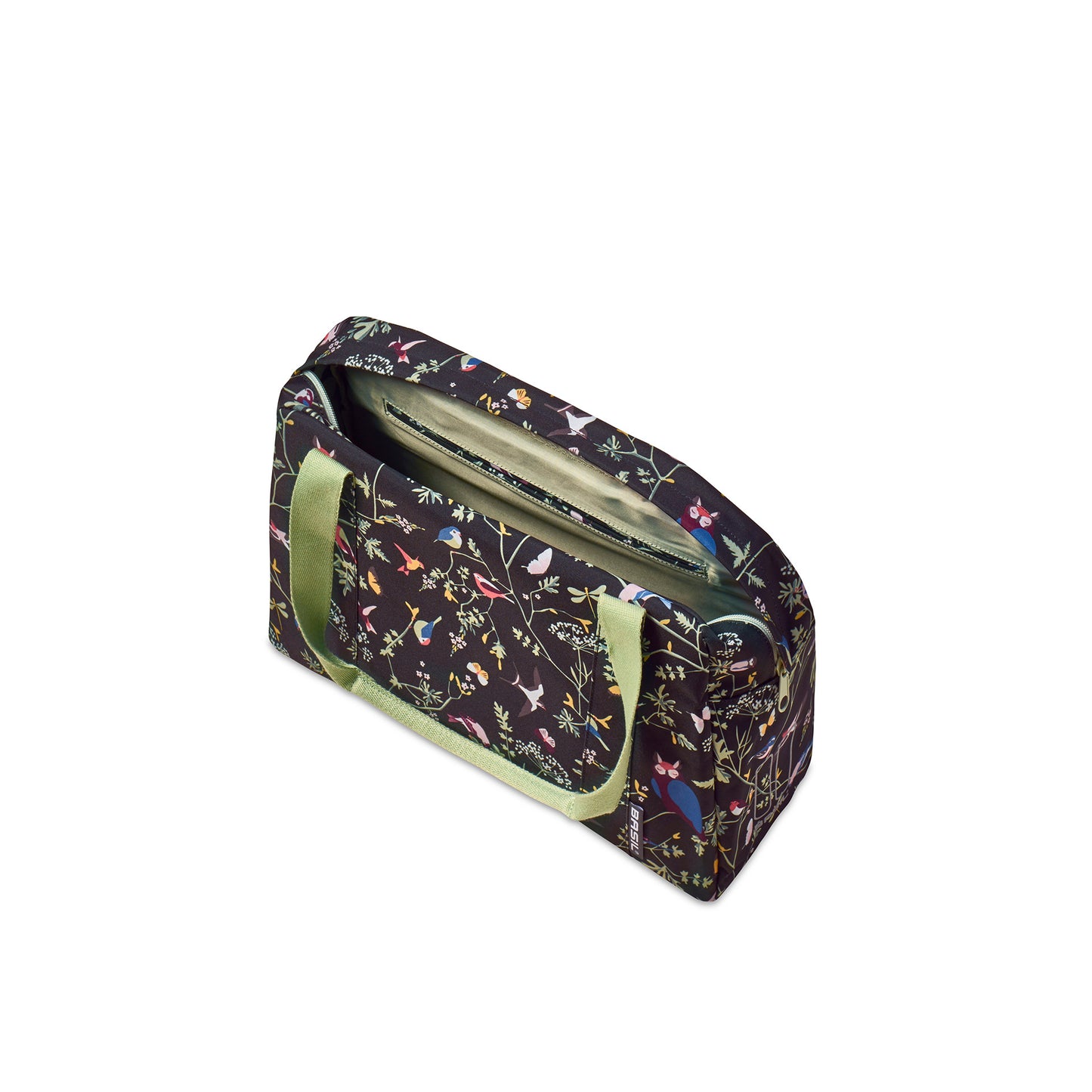 Basil Wanderlust Carry All Bag - zwarte fietshandtas met kleurrijke vogelprint