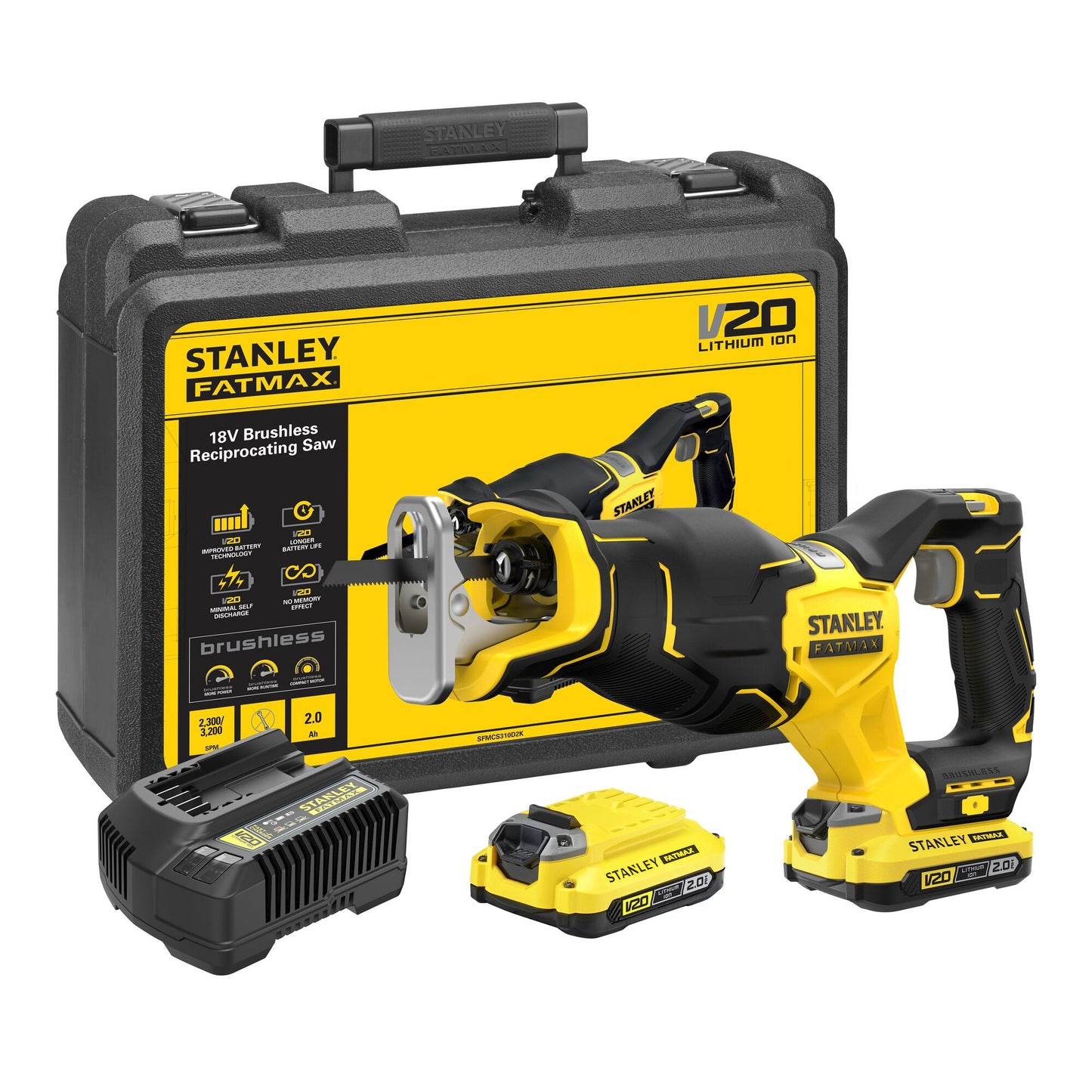 Stanley fatmax sfmcs310d2k 20v max* brushless accu reciprozaag | 2 x 2.0ah accu's + lader | in koffer - sfmcs310d2k-qw