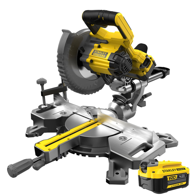 Stanley fatmax v20 18v 4.0ah 190 mm afkort- en verstekzaag (geel zwart, accu (18v, 4.0ah) en oplader (2a) inbegrepen)