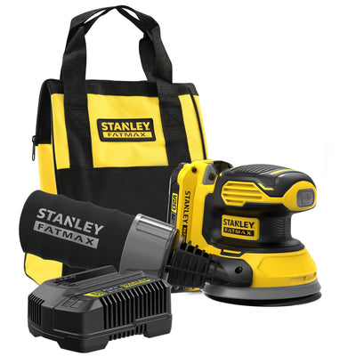 Stanley fatmax v20 18v excentrische schuurmachine (geel zwart, softbag, accu (2.0ah) en oplader (2a) inbegrepen)