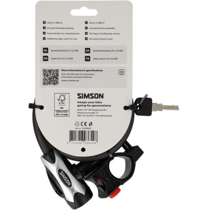 Simson spiraalkabelslot pro 12mm 180cm