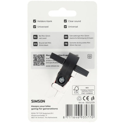 Simson fietsbel mini 32mm vaste kunststof bevestiging zwart