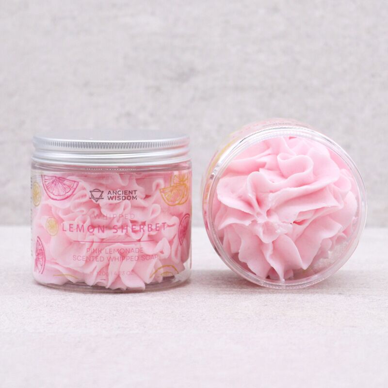Roze limonade sherbet pot met whipped soap bodywash