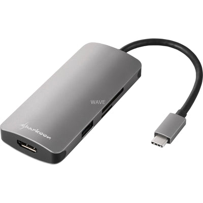 Sharkoon usb 3.0 type c multiport adapter dockingstation (donkergrijs, hdmi, usb-c 3.2 (5 gbit s), 3x usb-a 3.2 (5 gbit s), microsd, sd)
