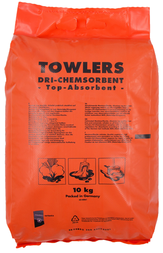 Towlers absorptiekorrels chemosorb oil-dri 10kg verpakking met opdruk