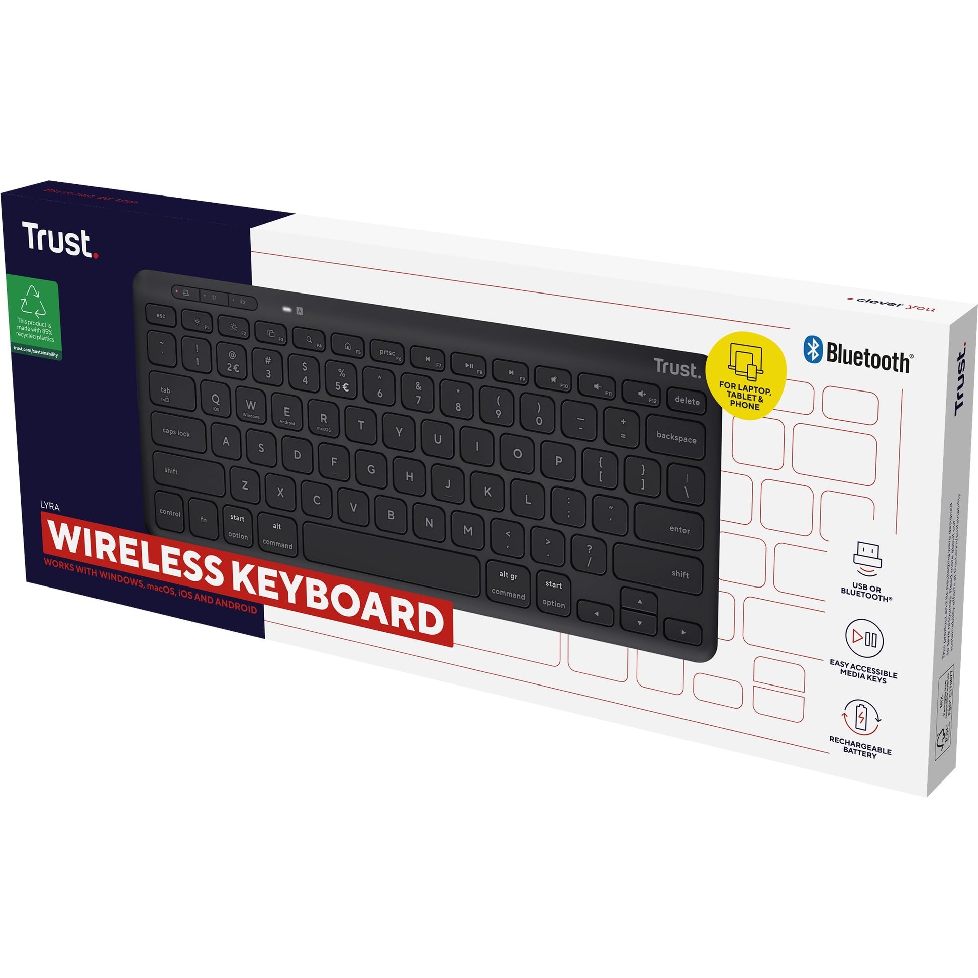 Trust lyra compact draadloos toetsenbord (zwart, us lay-out, scissor switches, 2,4 ghz usb, bluetooth, 65%)
